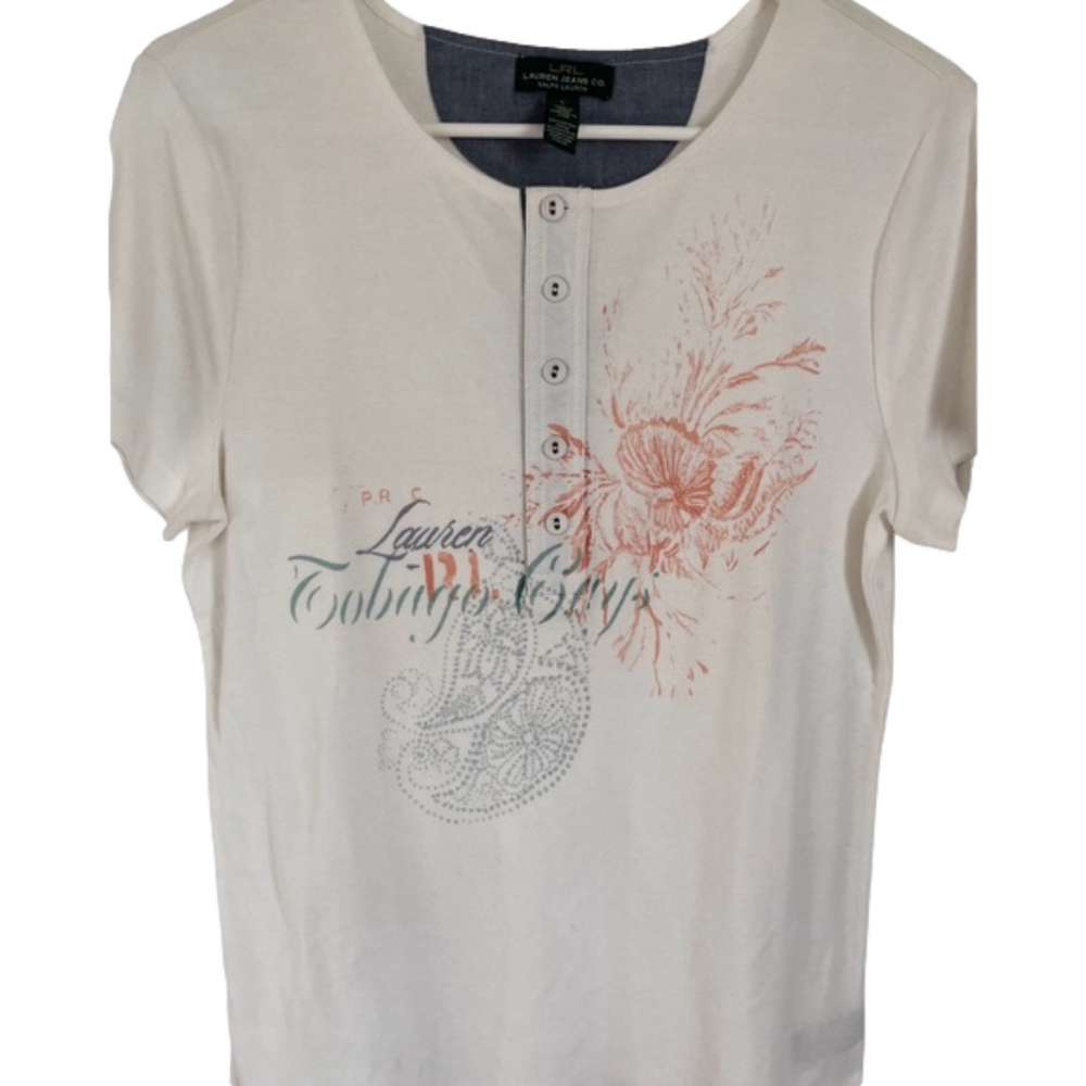 LRL Lauren Jeans Co Ralph Lauren White Shirt Women’s Button Short Sleeve Size L